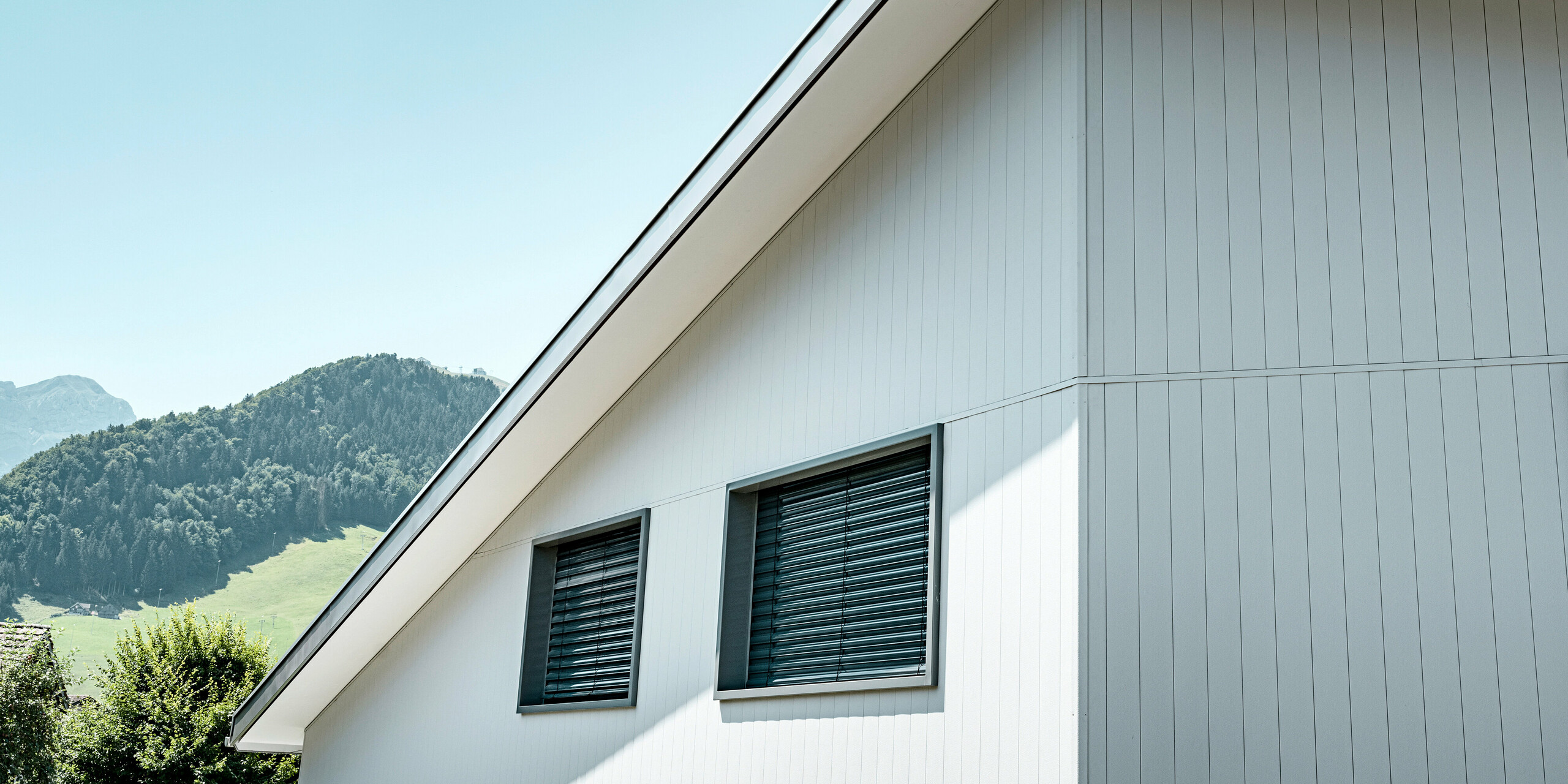 Sidings PREFA en gris pierre P.10 et blanc Prefa P.10 sur les façades de deux immeubles d'habitation voisins à Weissbad, en Suisse.