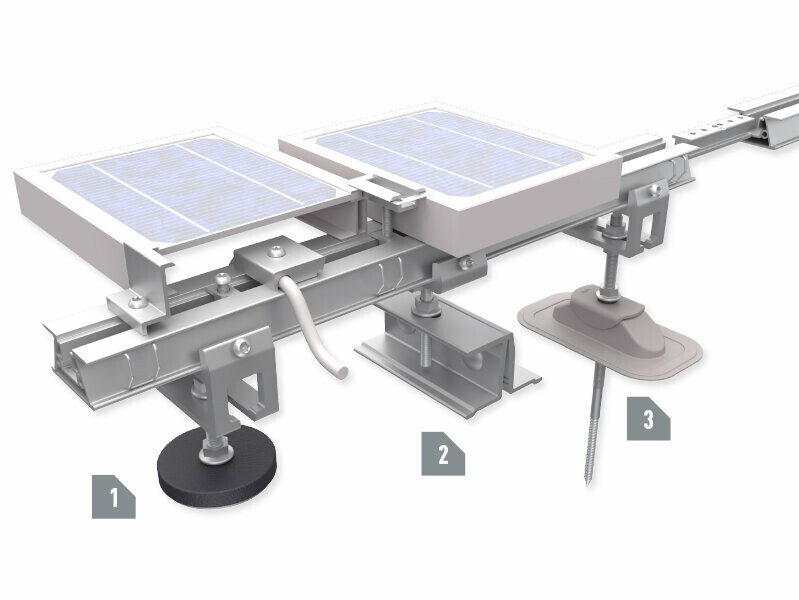 Binario PREFA per il montaggio di impianti fotovoltaici su tetti PREFA, con staffe Vario, Prefalz Vario e Sunny.