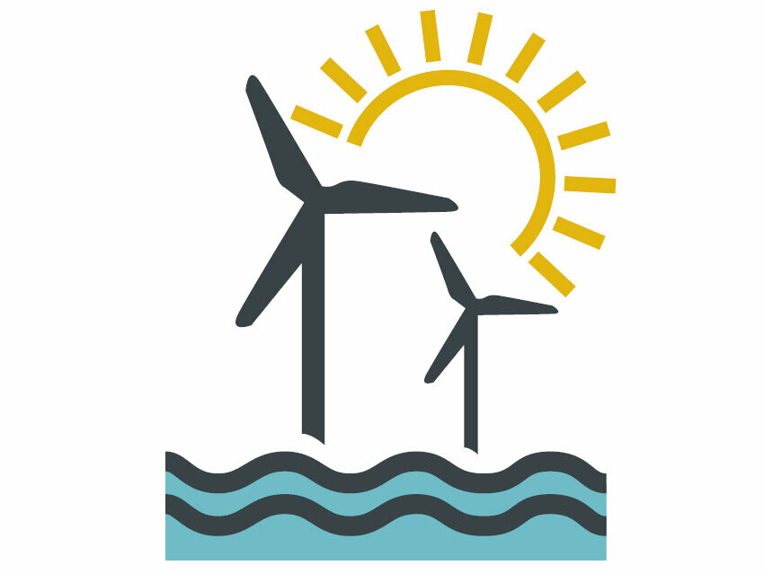 Image stylisée représentant l’électricité verte avec deux éoliennes, le soleil et l’eau
