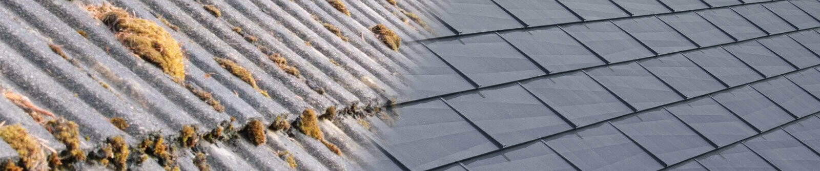 Photo avant/après : rénovation d’un toit avec des panneaux de toiture PREFA couleur P.10 anthracite