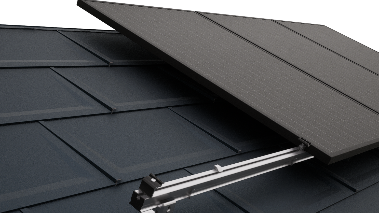 Gros plan sur une toiture PREFA équipée de modules photovoltaïques fixés à l'aide des accessoires PREVARIO pour panneaux solaires.