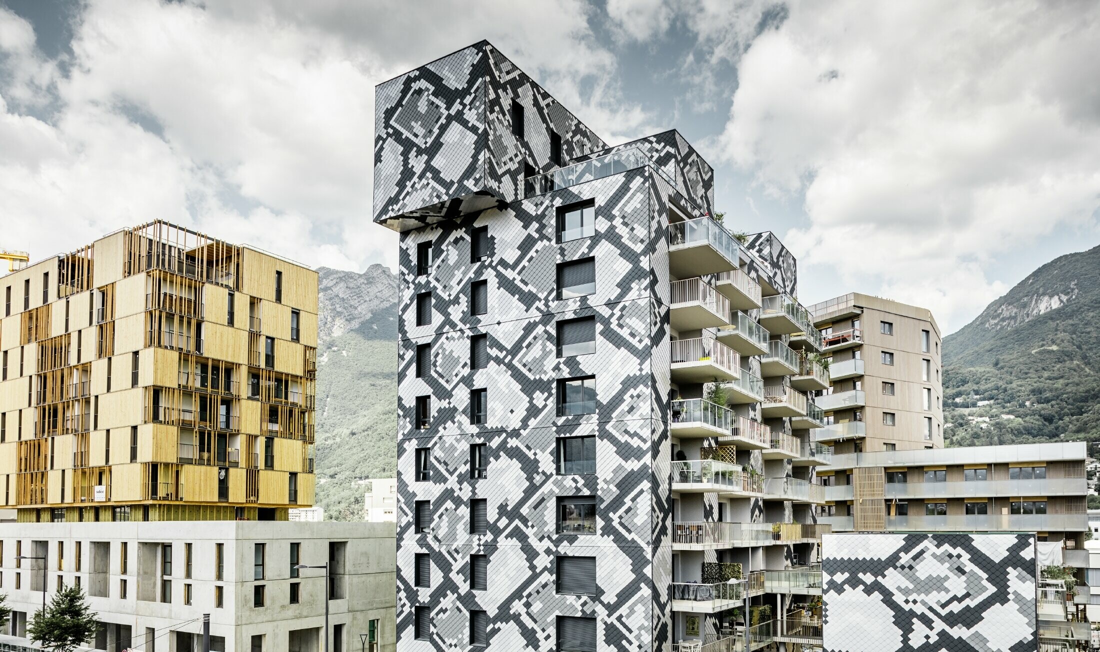 Impressionante realizzazione della facciata dell'edificio residenziale "le Python" con motivo a serpente; la facciata è stata realizzata con scaglie PREFA nei colori antracite, grigio chiaro, grezzo naturale e silver metallizzato.