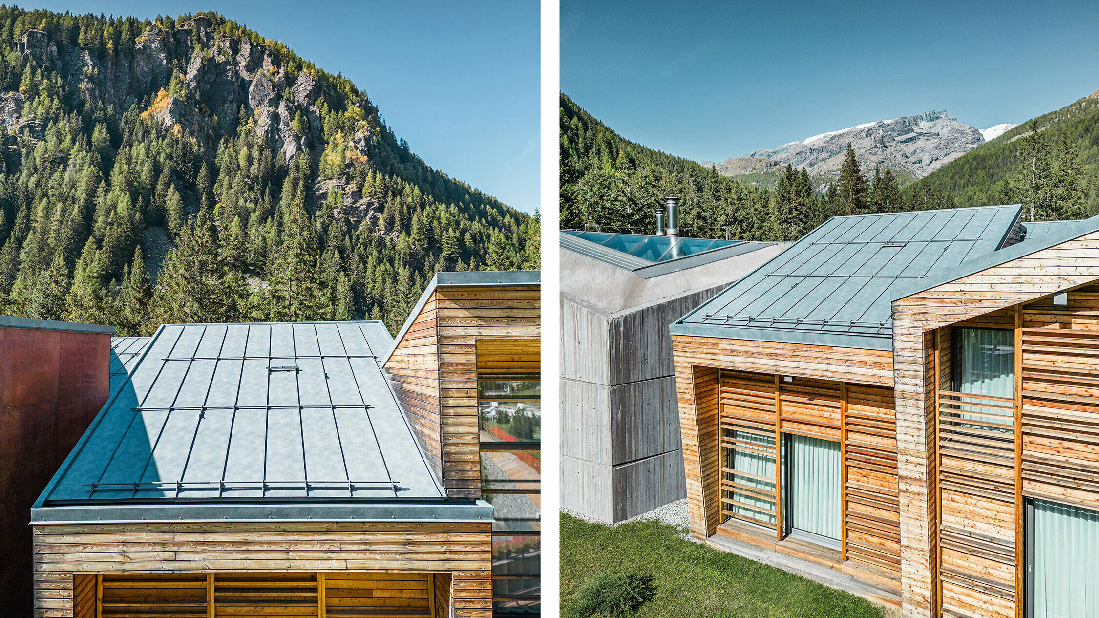 À gauche : vue de face d’un des petits toits avec les montagnes en arrière-plan. À droite : Vue rapprochée de la toiture.