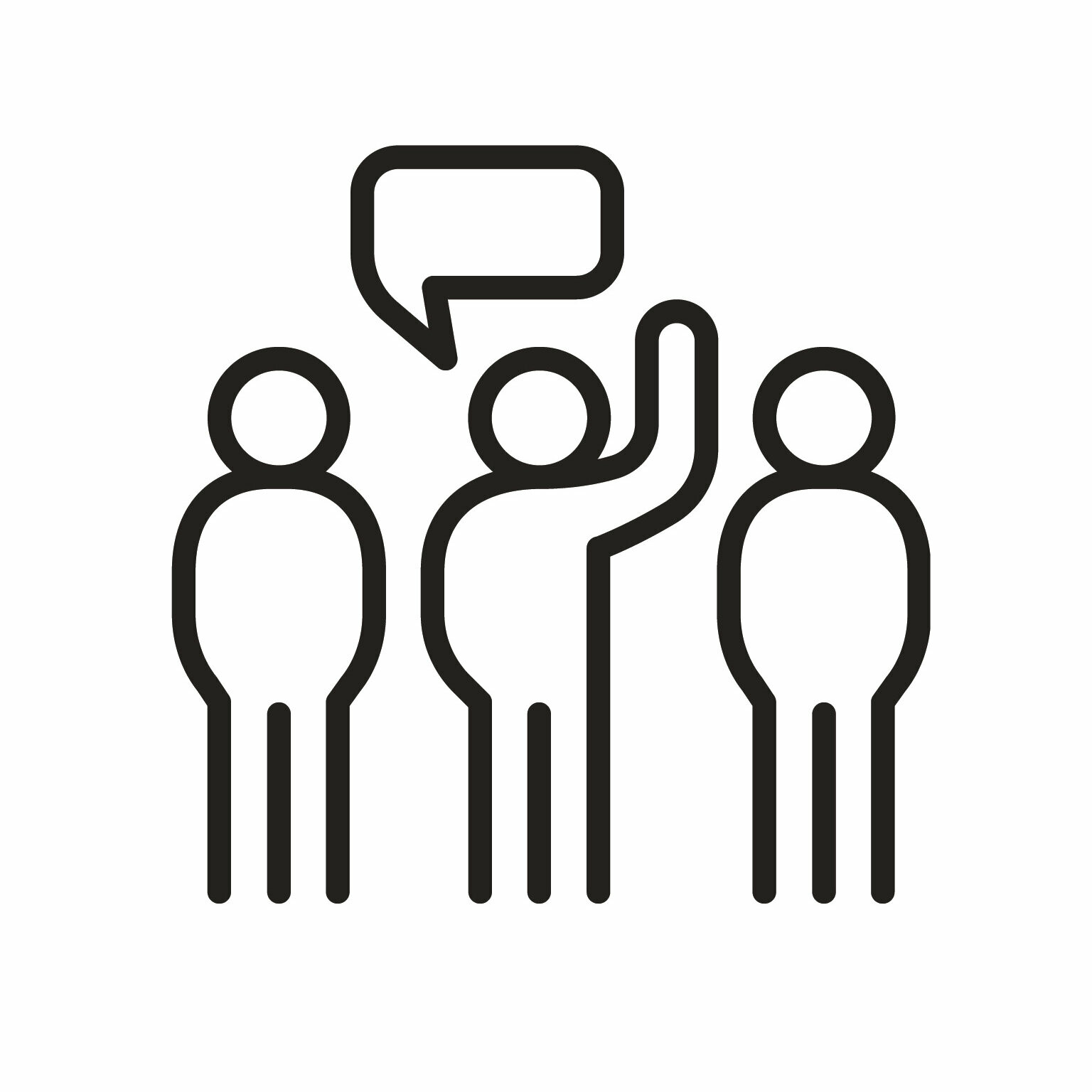 Grafik mit drei Personen. Die mittlere Person hält eine Hand hoch und winkt. Von der Person geht eine Sprechblase aus.