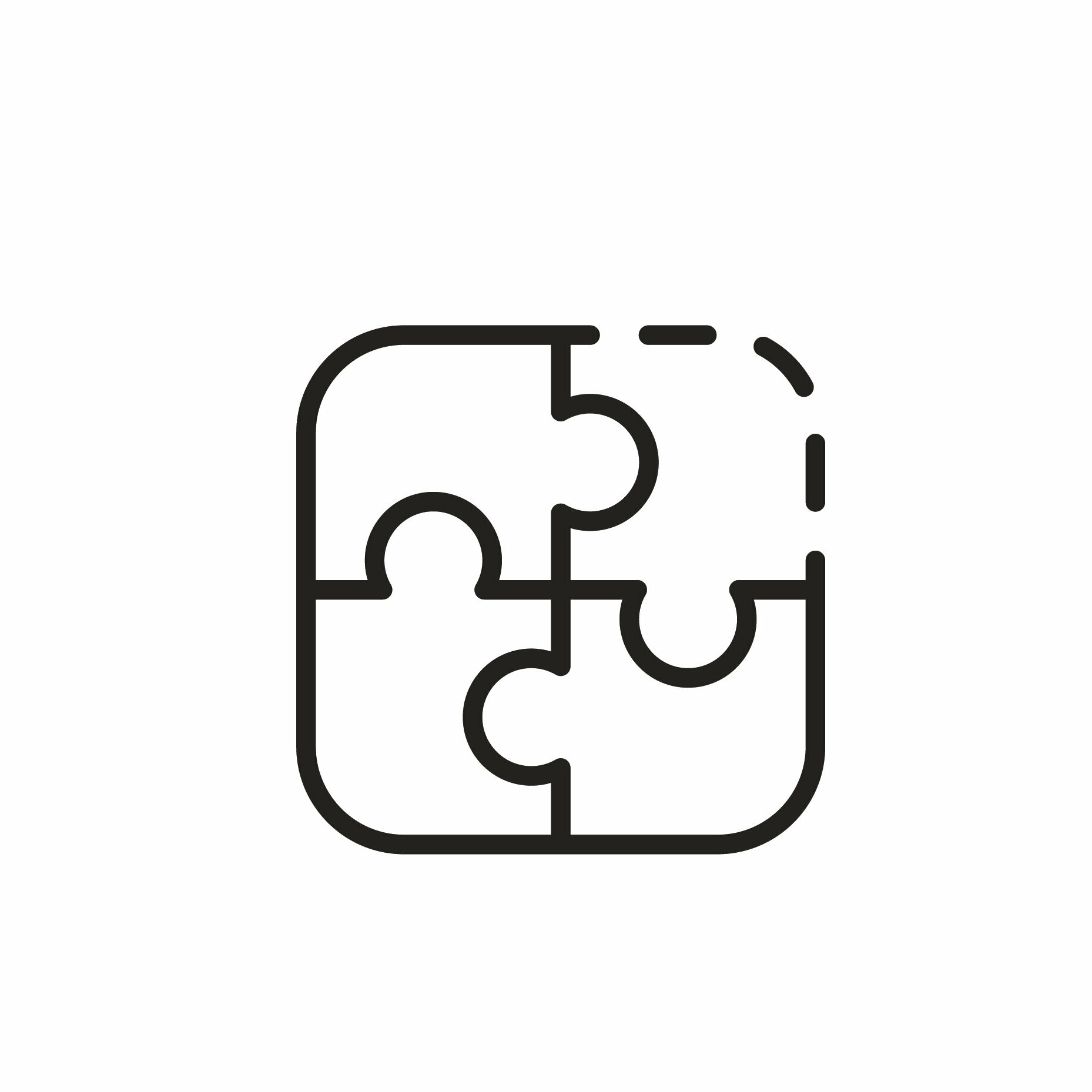 Ein Puzzle bestehend aus vier Teilen, aber das obere rechte Puzzleteil fehlt.