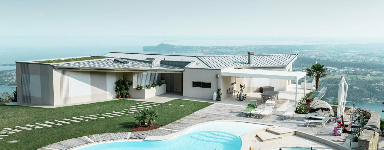 Casa privata in posizione unica con piscina. Il tetto piano dell'edificio moderno è rivestito in Prefalz patina grigio.
