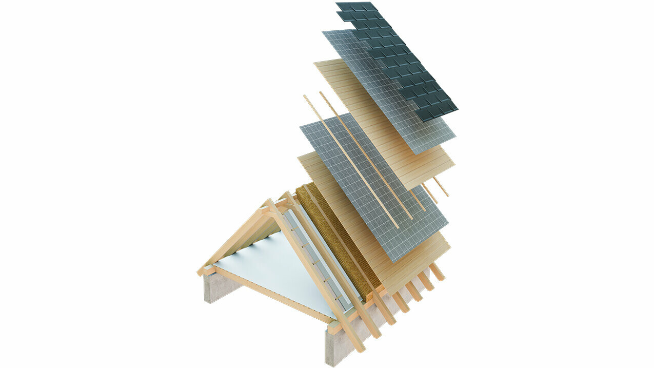 Rappresentazione tecnica della struttura di un tetto ventilato, struttura del tetto multistrato con listelli, tavolato completo, strato di separazione, orditura; il sottotetto può essere utilizzato come spazio abitabile; struttura di copertura a due strati; costruzione del tetto ventilata; controlistello