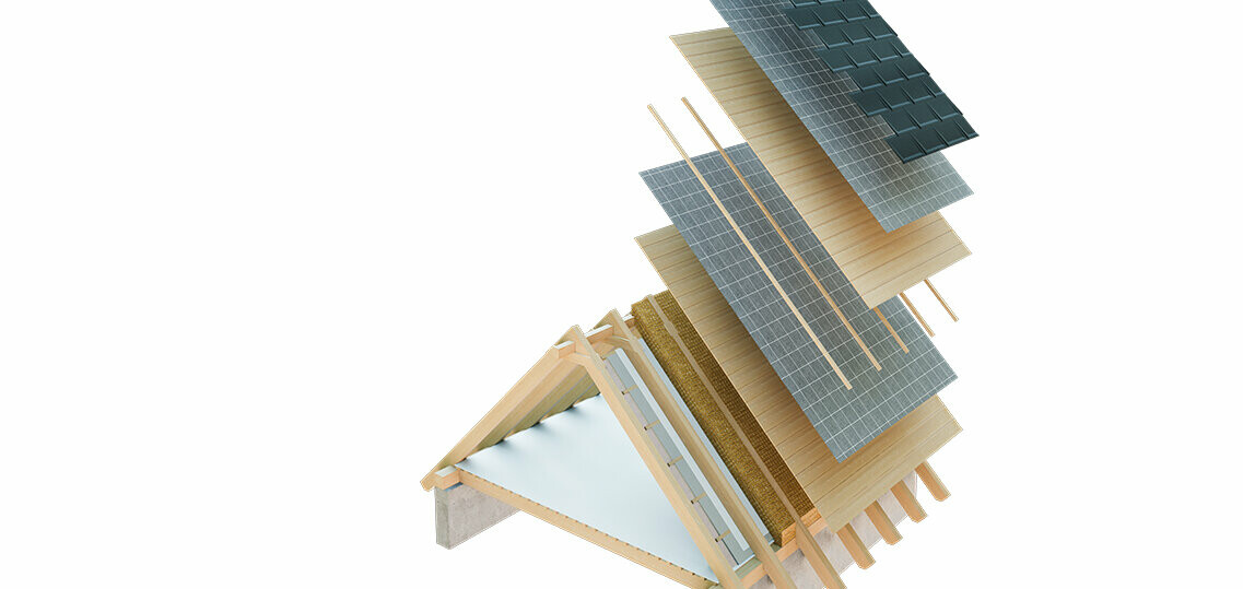 Rappresentazione tecnica della struttura di un tetto ventilato, struttura del tetto multistrato con listelli, tavolato completo, strato di separazione, orditura; il sottotetto può essere utilizzato come spazio abitabile; struttura di copertura a due strati; costruzione del tetto ventilata; controlistello