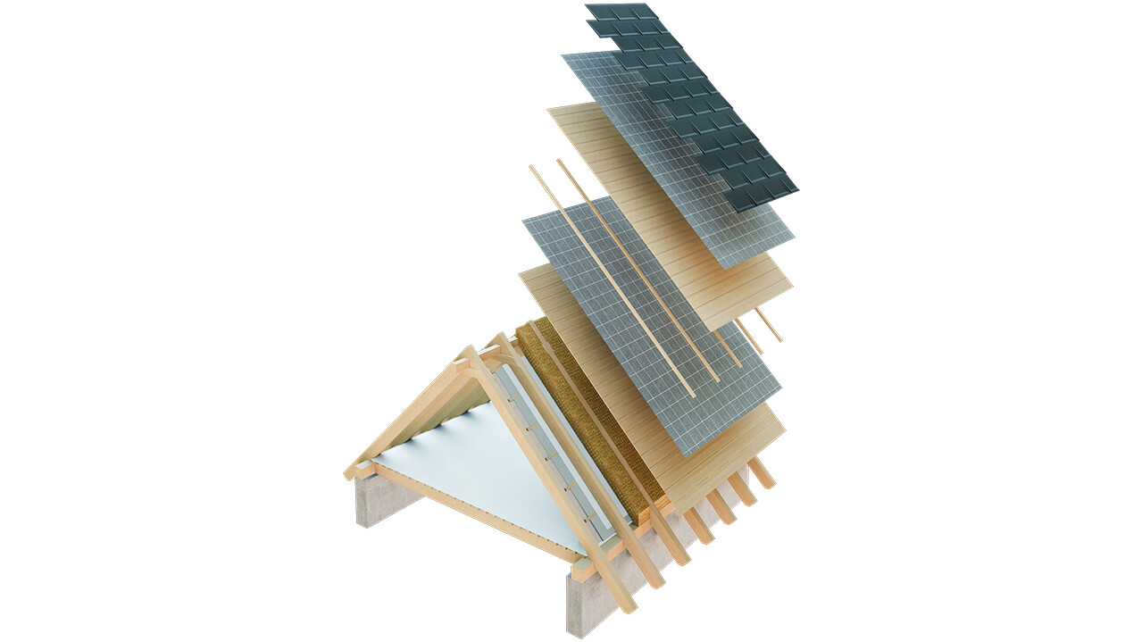 Présentation technique de la construction d’une toiture froide, construction de toit à peaux multiples avec lattage, voligeage intégral, couche de séparation, charpente ; combles pouvant servir d’espace d’habitation ; construction d’un toit double peau, construction de toit ventilée ; contre-lattage