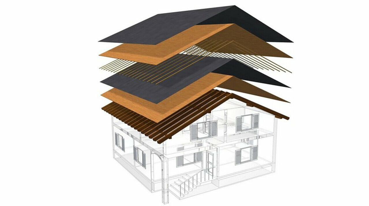 Présentation technique de la construction d’une toiture froide, construction de toit à peaux multiples avec lattage, voligeage intégral, couche de séparation, charpente ; combles pouvant servir d’espace d’habitation ; construction d’un toit double peau, construction de toit ventilée ; contre-lattage