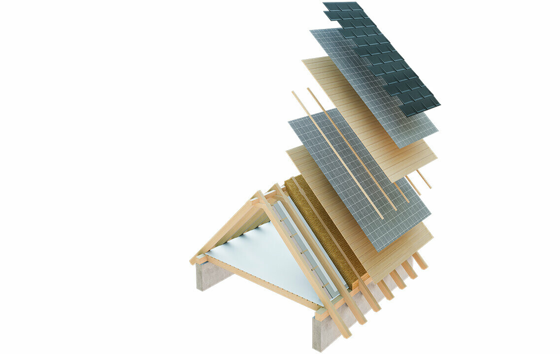 Présentation technique de la construction d’une toiture froide, construction de toit à peaux multiples avec lattage, voligeage intégral, couche de séparation, charpente ; combles pouvant servir d’espace d’habitation ; construction d’un toit double peau, construction de toit ventilée ; contre-lattage