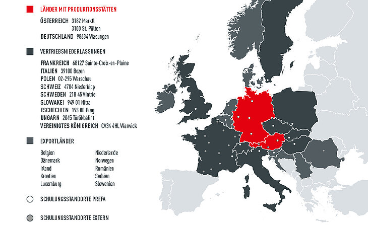 Legende: Die Europakarte zeigt die PREFA Produktionsstätten, Ländern, Vertriebsniederlassungen und Schulungszentren