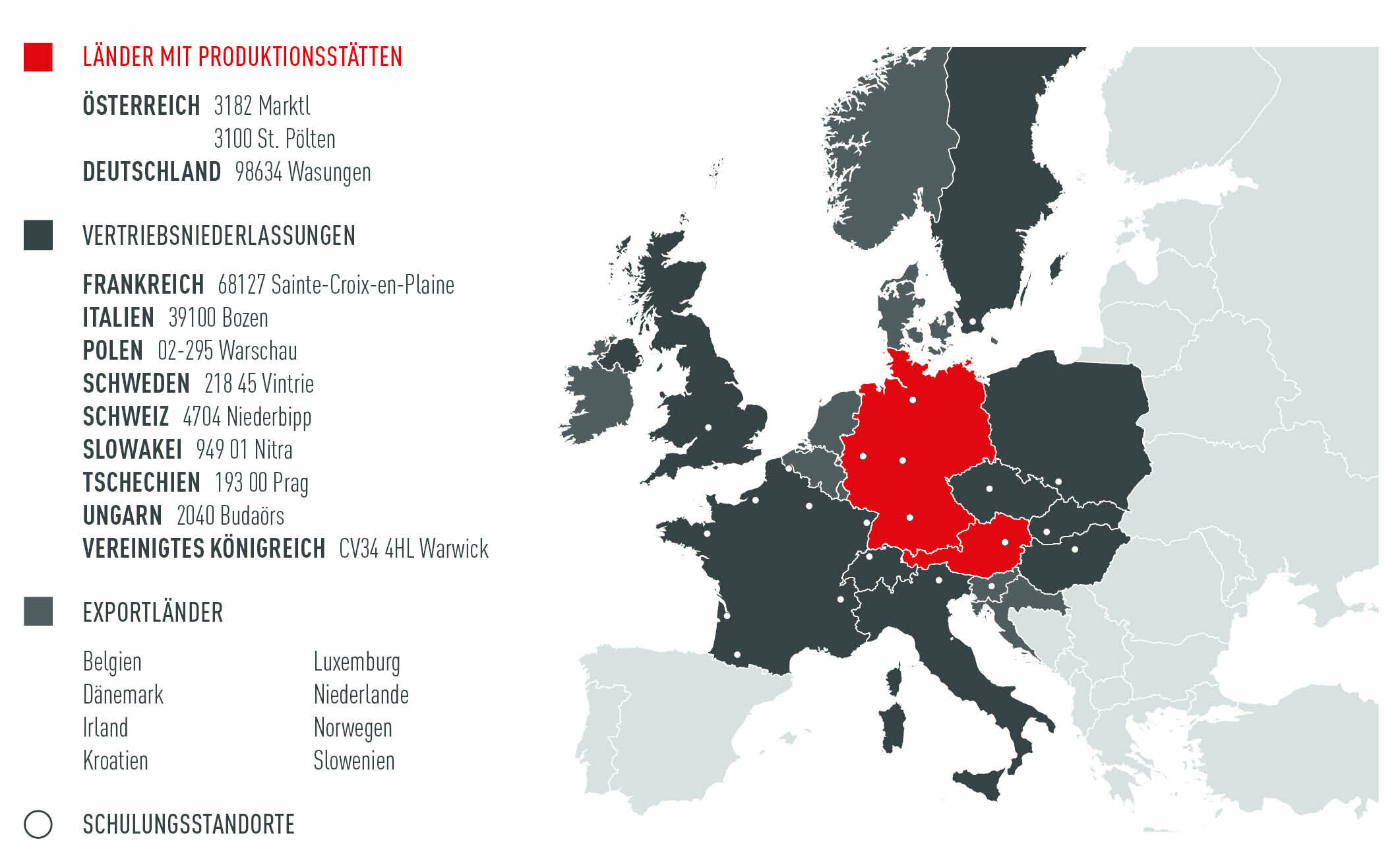 Legende: Die Europakarte zeigt die PREFA Produktionsstätten, Ländern, Vertriebsniederlassungen und Schulungszentren