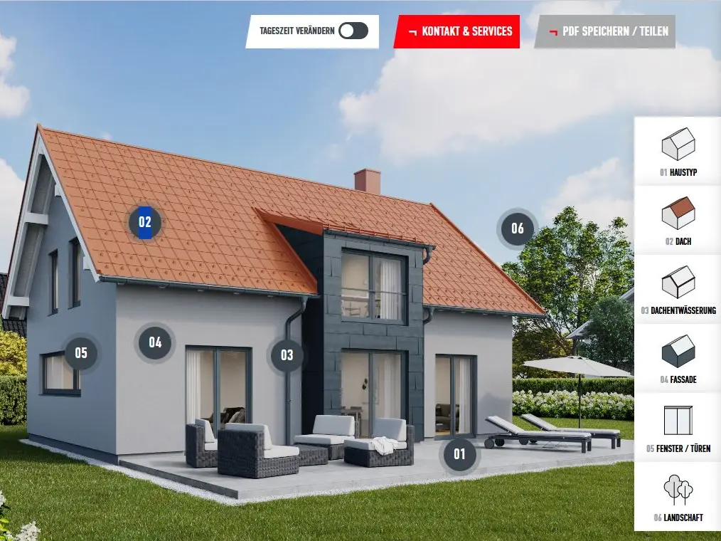 Configuratore per la riqualificazione delle facciate: modello 3D interattivo con opzioni di personalizzazione per rivestimenti, coperture e serramenti, a supporto della progettazione architettonica.