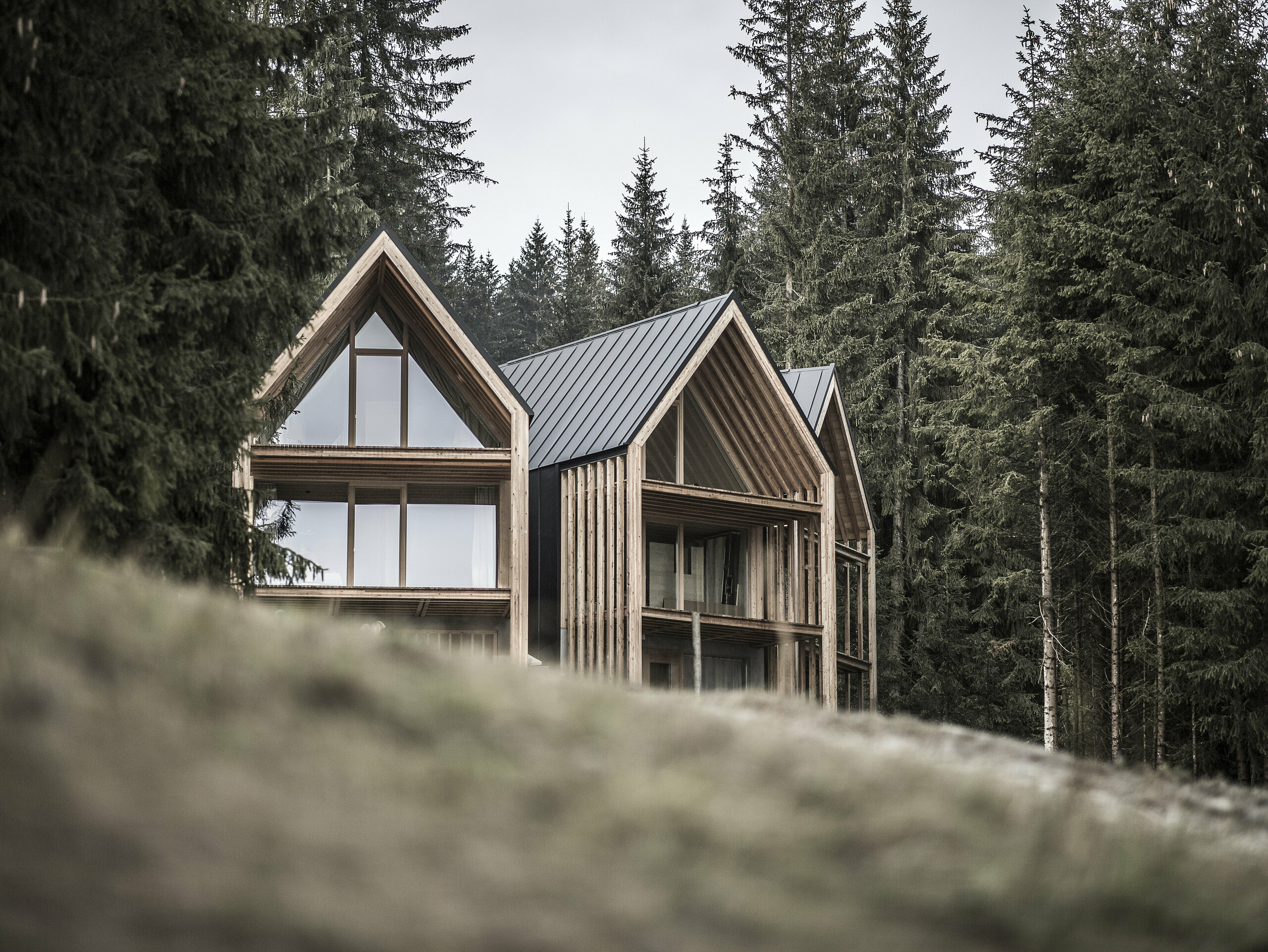 Photo des trois chalets depuis le côté sud du terrain.