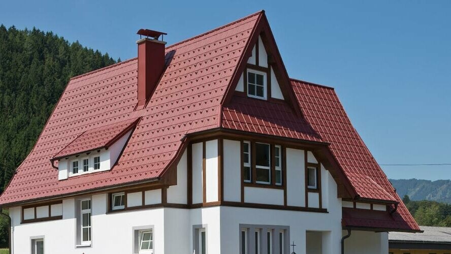 Zweifamilienhaus in ländlicher Lage mit Dachplatten von PREFA in der Farbe P.10 Oxydrot