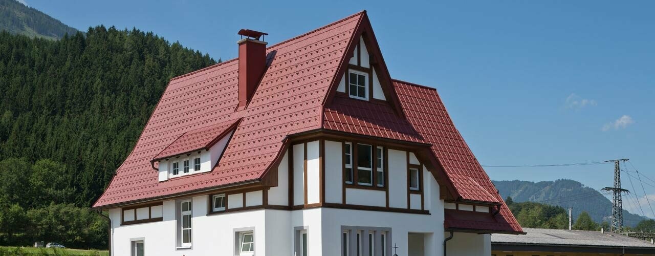 Casa bifamiliare in campagna con tegole PREFA nel colore P.10 rosso ossido