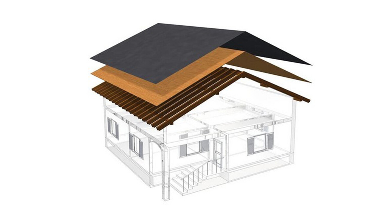 PREFA technische Abbildung eines einschaligen Dachaufbaus - der Dachboden kann nicht bewohnt werden, da er als Belüftungsebene für das Metalldach dient; Vollschalung und Trennlage ohne Lattung; Warmdach
