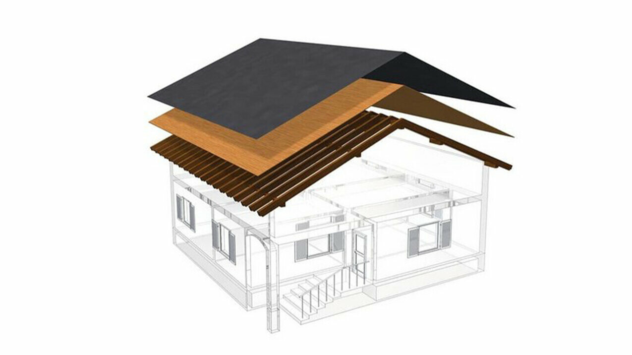 PREFA Illustration technique de la construction d’un toit simple peau - les combles ne peuvent pas servir d’espace d’habitation, car ils servent de lame d’air au toit à couverture métallique ; voligeage intégral et couche de séparation sans lattage ; toiture chaude