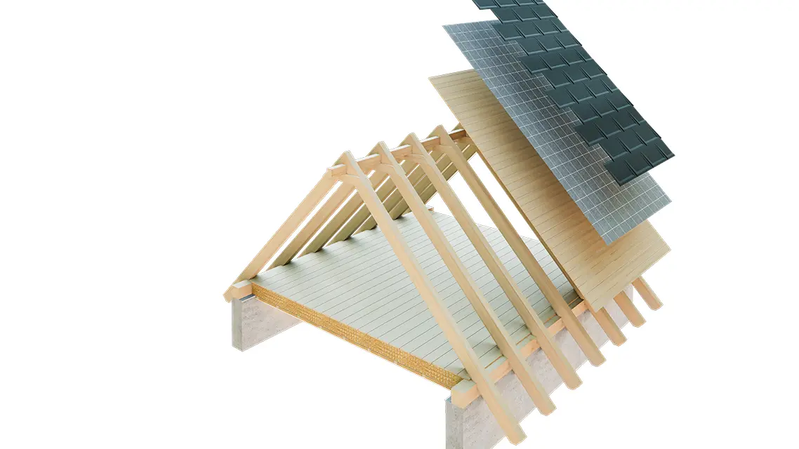 PREFA Illustration technique de la construction d’un toit simple peau - les combles ne peuvent pas servir d’espace d’habitation, car ils servent de lame d’air au toit à couverture métallique ; voligeage intégral et couche de séparation sans lattage ; toiture chaude