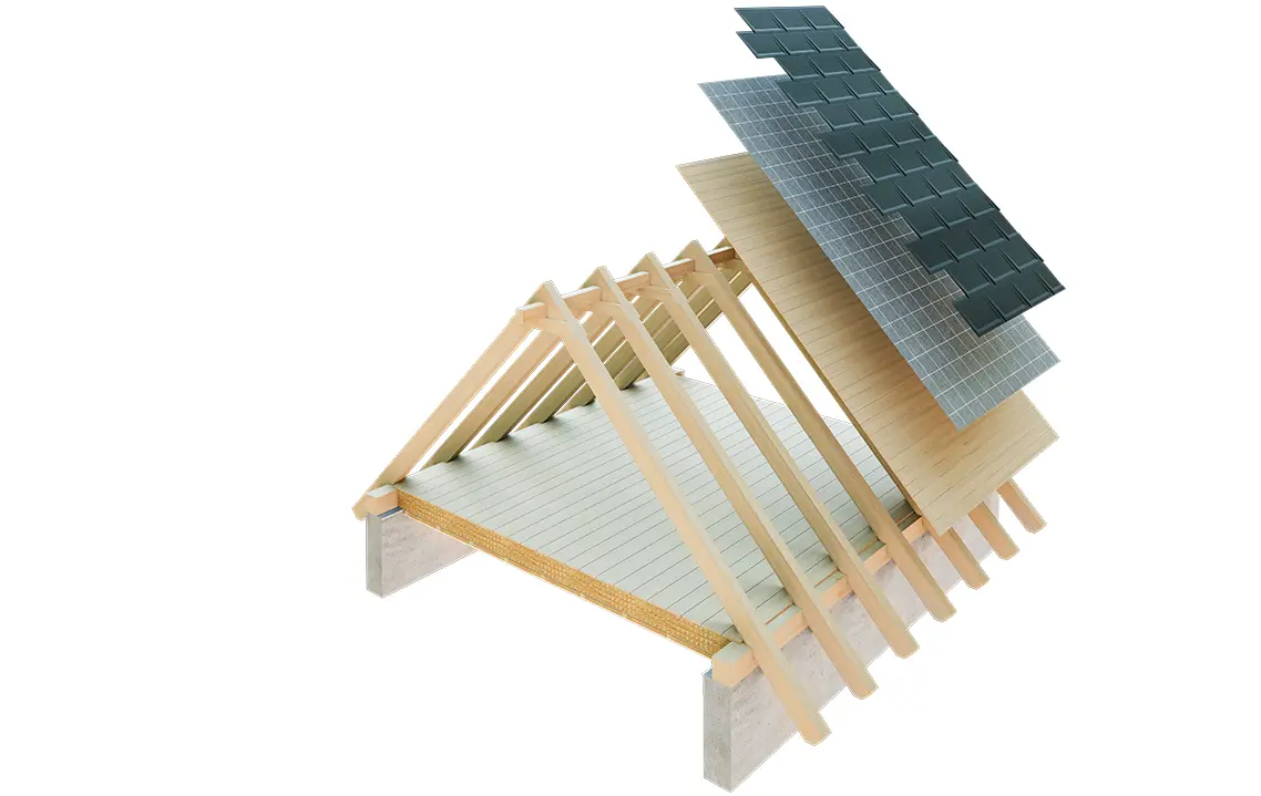 PREFA Illustration technique de la construction d’un toit simple peau - les combles ne peuvent pas servir d’espace d’habitation, car ils servent de lame d’air au toit à couverture métallique ; voligeage intégral et couche de séparation sans lattage ; toiture chaude