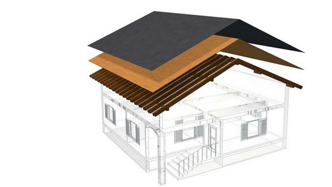 Rappresentazione tecnica PREFA della struttura di un tetto con copertura monostrato: il sottotetto non è abitabile perché serve come piano di ventilazione per la copertura metallica; tavolato completo e strato di separazione senza listello; tetto non ventilato