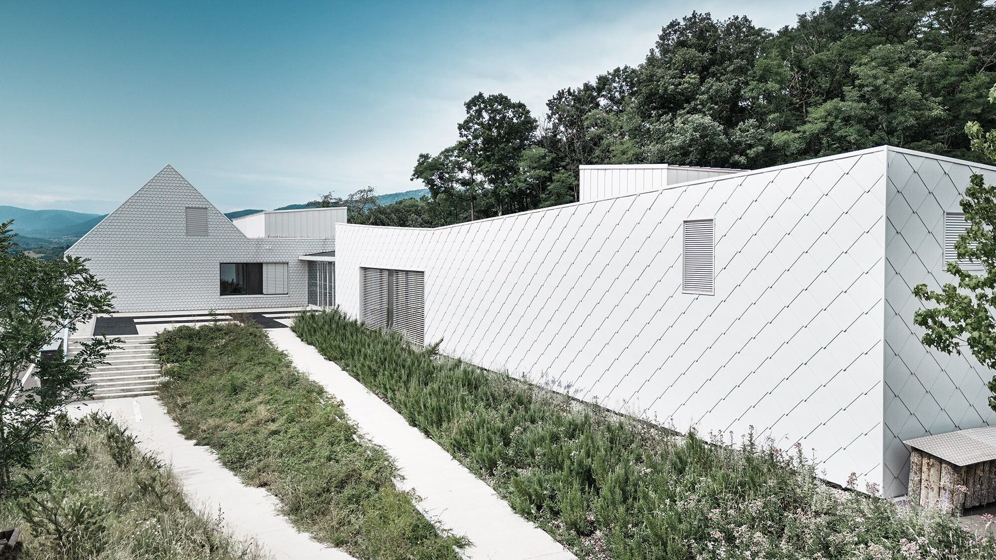 Une vue latérale du centre scolaire avec son environnement naturel : on peut voir la crèche à droite de l'image ainsi que le bâtiment de l'école et de l'école maternelle à gauche de l'image, un peu plus loin.