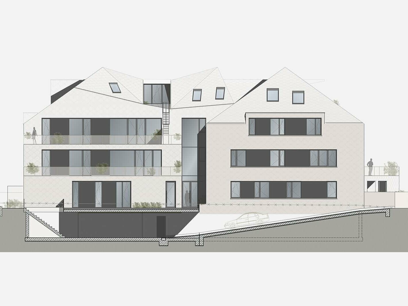 Der Plan des Architekten zeigt die Nordseite des Mehrfamilienhauses.