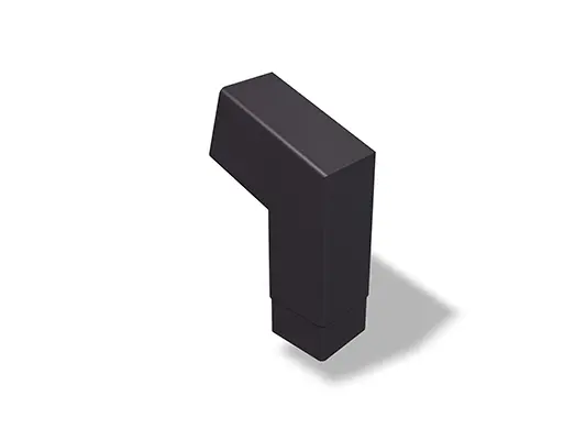 Coudes de tuyau carrés PREFA 72° (courts), disponibles dans les tailles 80 et 100 mm, avec des dimensions de 196 x 196 mm (visibles). Ce coude compact permet un changement de direction précis lors de l'installation de tuyaux carrés dans les systèmes de toiture et de façade.
