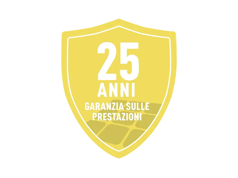 Logo di garanzia giallo per la garanzia sulle prestazioni di 25 anni della tegola fotovoltaica PREFA e del modulo fotovoltaico PREFALZ.