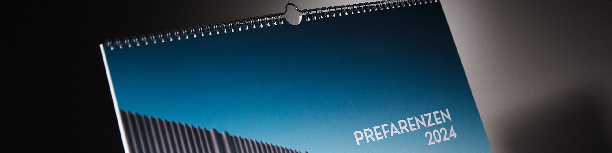 Un primo piano della copertina del calendario; si possono vedere parte di una facciata ondulata in alluminio e la scritta PREFARENZEN 2024.