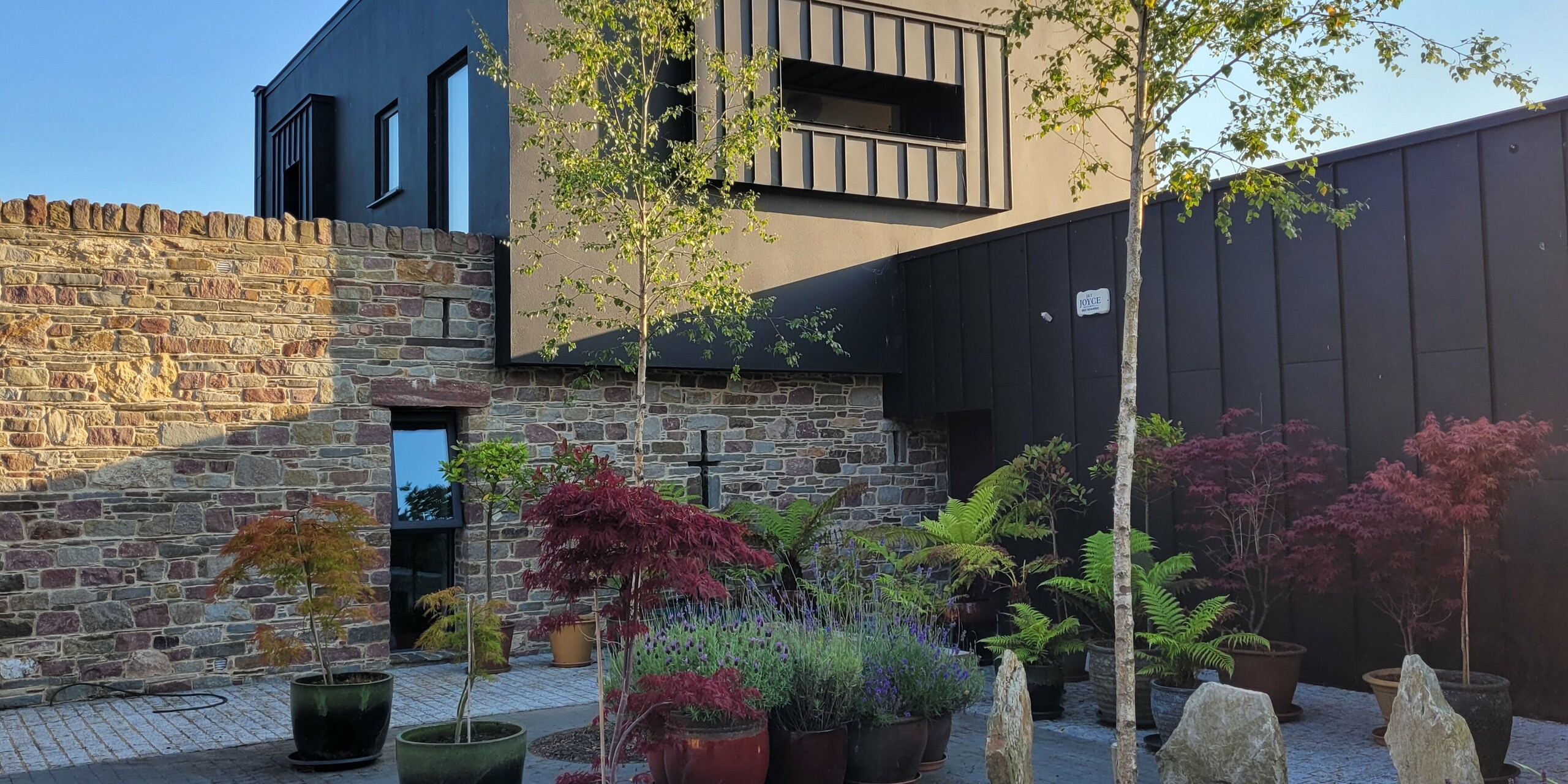 L'image présente une maison d'architecte moderne située à Wexford. Sa façade PREFALZ en P.10 noir crée un contraste saisissant avec le mur en pierre naturelle aux tons chauds. Les surfaces en aluminium épurées reflètent la lumière dorée du soir et soulignent la précision des lignes de la structure. Au premier plan, des plantes et des pierres décoratives, soigneusement disposées, créent une atmosphère paisible, presque méditative. L'érable du Japon témoigne du choix judicieux des végétaux. Robuste et résistante aux intempéries, la façade PREFA confère au bâtiment un caractère unique, une protection durable et une profondeur architecturale remarquable.