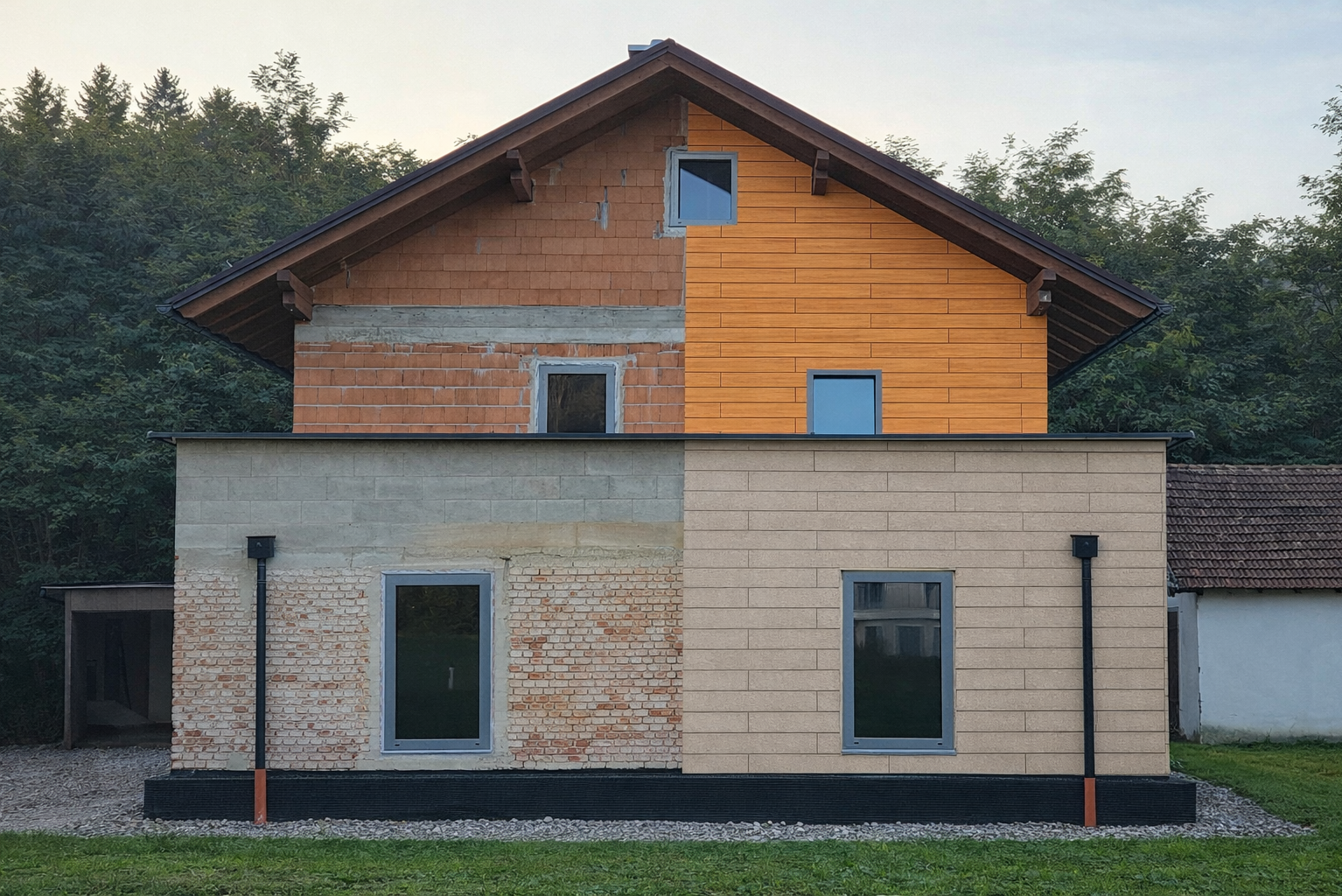 Fotoservice für Fassadensanierung: Professionell aufgenommenes Vorher-Nachher-Motiv eines Hauses mit unterschiedlichen Fassadenmaterialien zur realistischen Visualisierung von Sanierungslösungen. (Bild mittels KI bearbeitet)