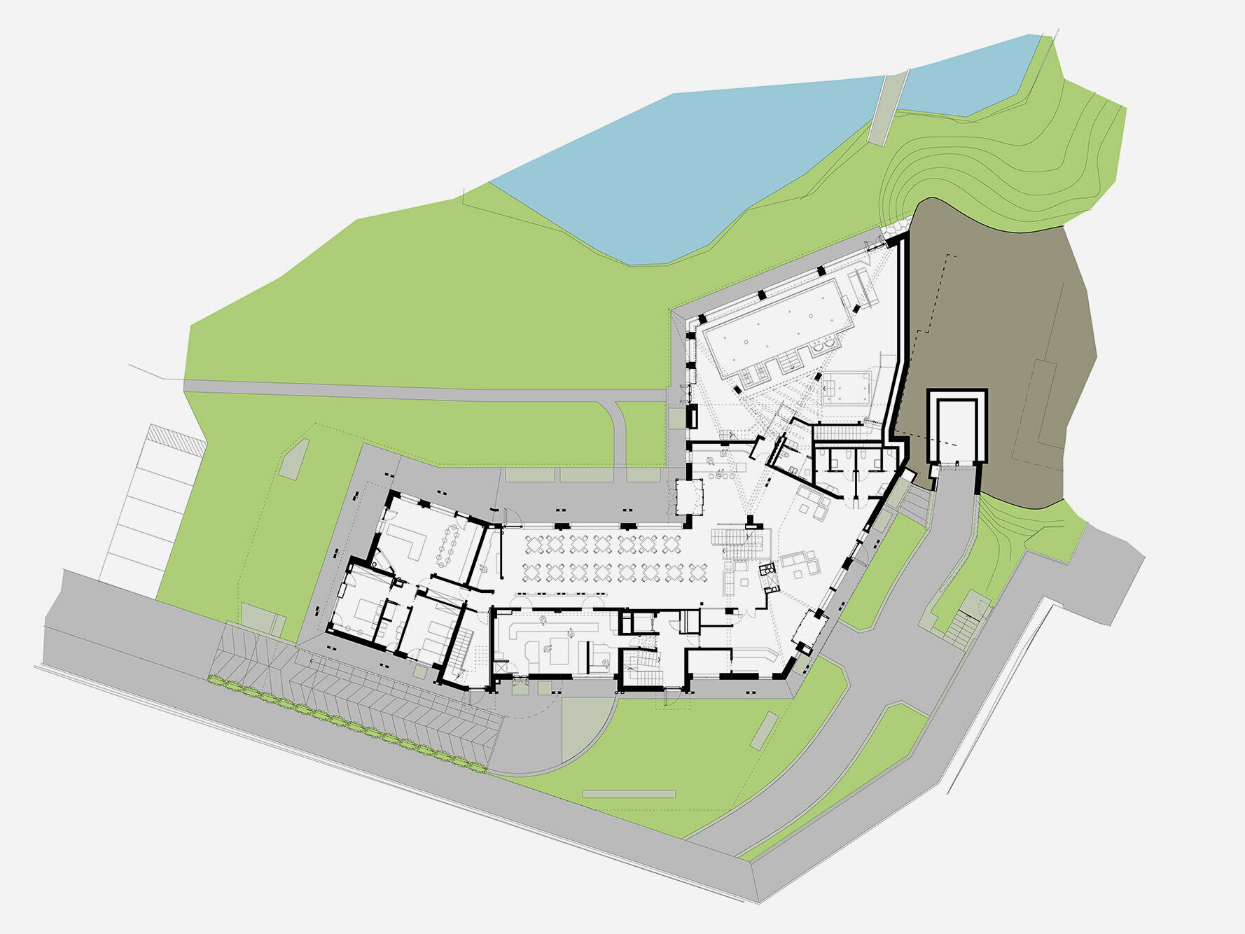 Plan du rez-de-chaussée de l’hôtel Au Charmant Petit Lac dans la Vallée d’Aoste