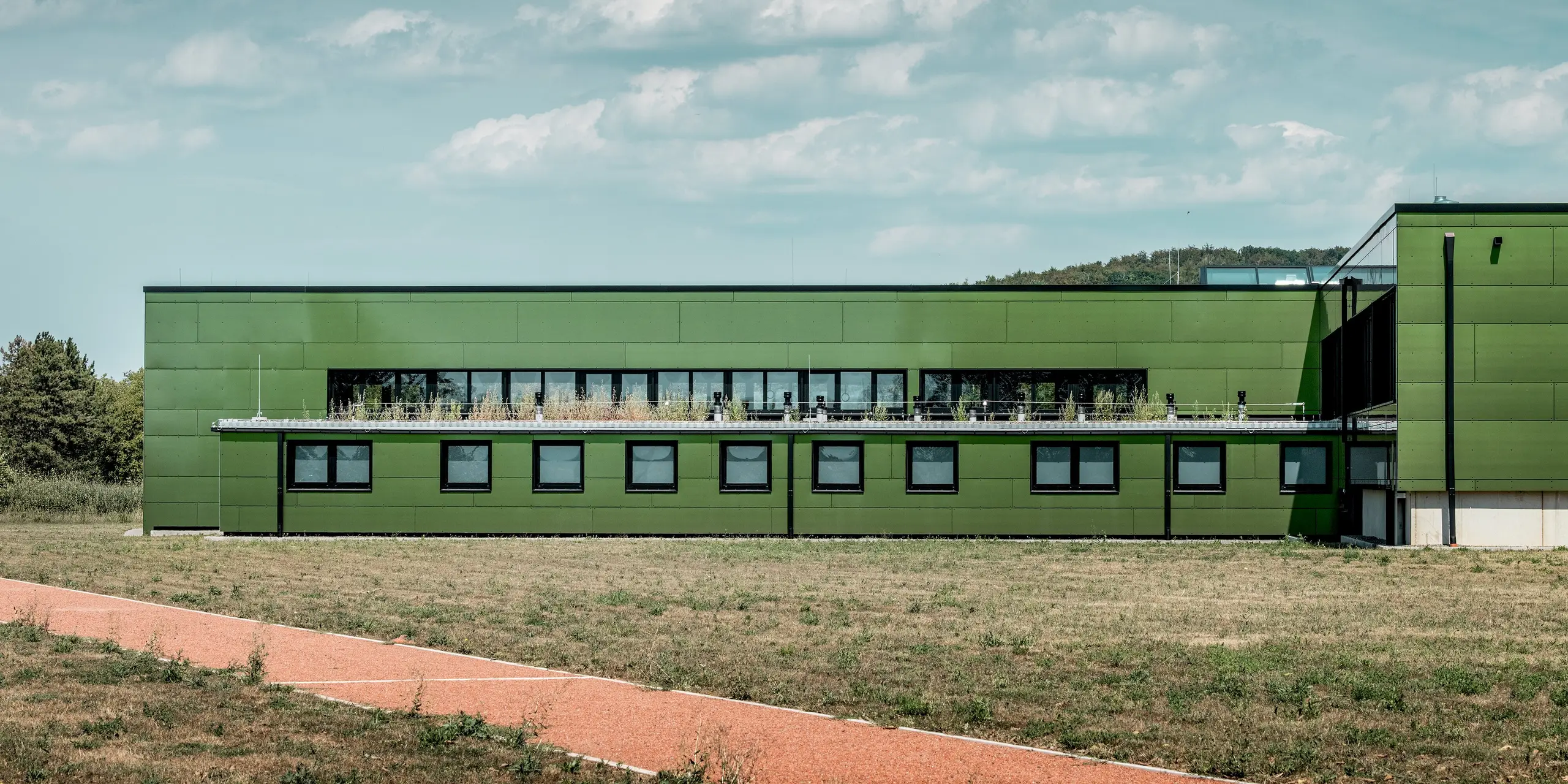 Langgezogene Außenansicht der Johannwolfschule Außenstelle Angerstein mit moderner, grün schimmernder PREFA Fassade aus großformatigen Aluminium Verbundplatten in der Sonderfarbe Spring Lake. Zwei übereinander angeordnete Fensterreihen und ein begrüntes Flachdach prägen die geradlinige Architektur. Dunkle PREFA Quadratrohre sorgen für eine zuverlässige Dachentwässerung und fügen sich harmonisch in die witterungsbeständige Aluminiumfassade ein.