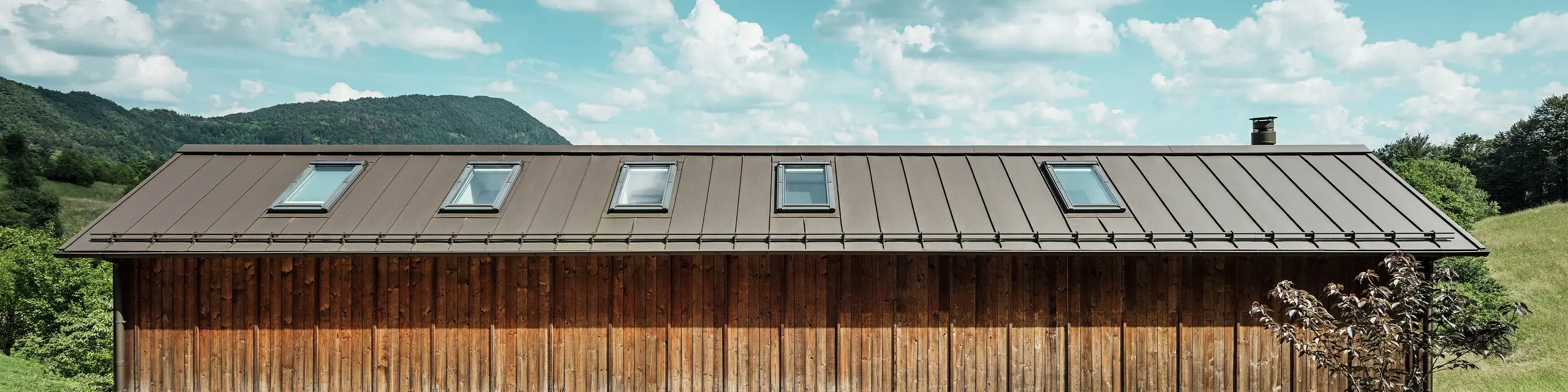 Questa moderna casa sul pendio di una collina colpisce per la sua facciata minimalista in legno e per il resistente tetto in alluminio PREFALZ nel colore P.10 marrone. La copertura del tetto ad aggraffatura verticale convince per l'elevata resistenza agli agenti atmosferici e la durata nel tempo, oltre che per l'armoniosa interazione con la natura circostante. I lucernari integrati e le linee chiare sottolineano l'architettura senza tempo. L'immagine mostra l'area d'ingresso della piccola casa indipendente.