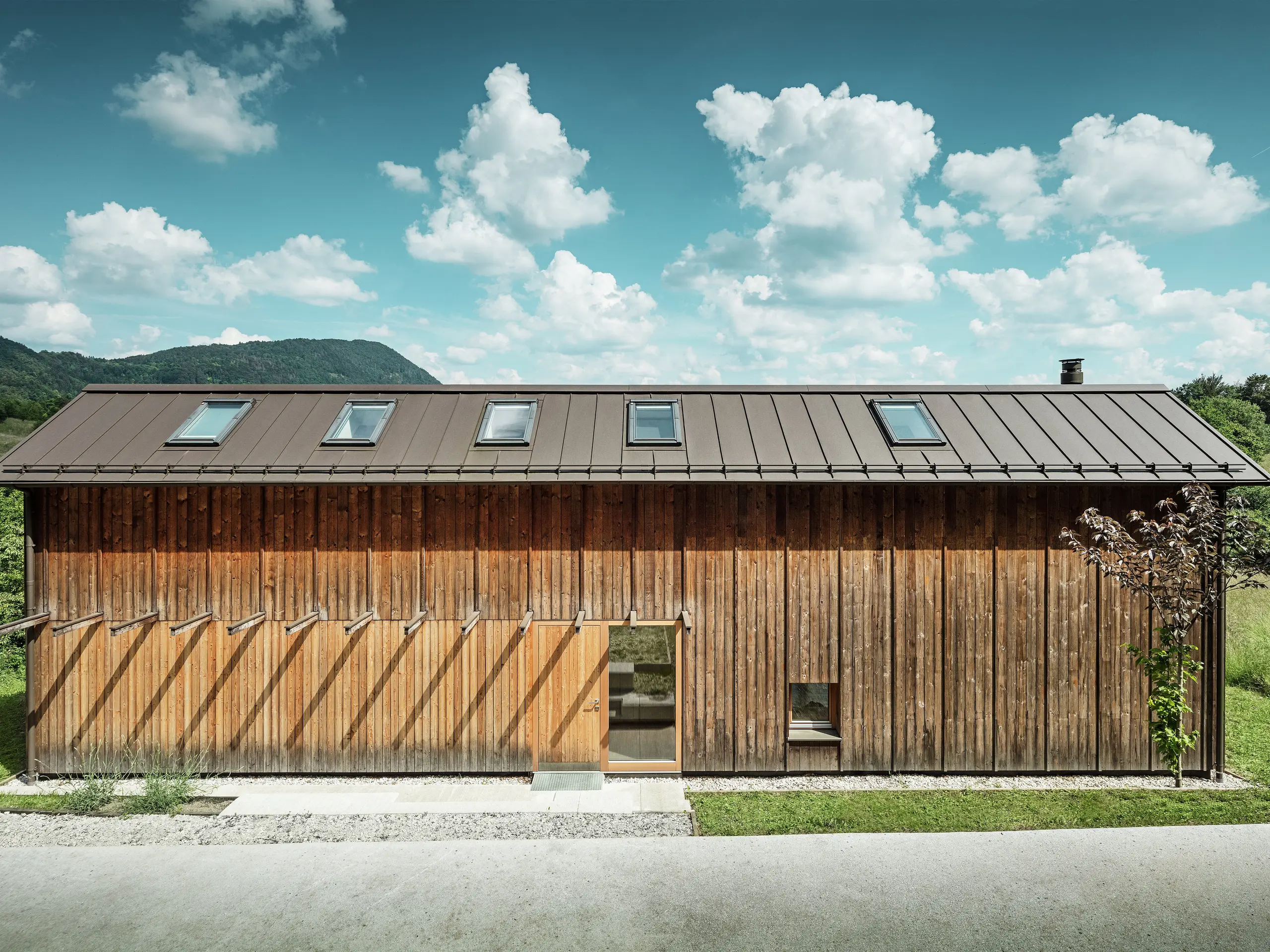 Questa moderna casa sul pendio di una collina colpisce per la sua facciata minimalista in legno e per il resistente tetto in alluminio PREFALZ nel colore P.10 marrone. La copertura del tetto ad aggraffatura verticale convince per l'elevata resistenza agli agenti atmosferici e la durata nel tempo, oltre che per l'armoniosa interazione con la natura circostante. I lucernari integrati e le linee chiare sottolineano l'architettura senza tempo. L'immagine mostra l'area d'ingresso della piccola casa indipendente.
