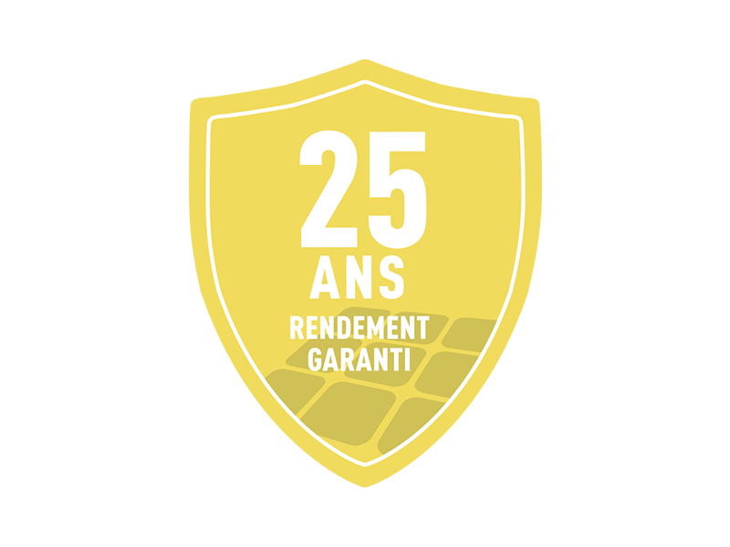 Logo de garantie jaune pour un rendement garanti 25 ans sur la tuile solaire PREFA