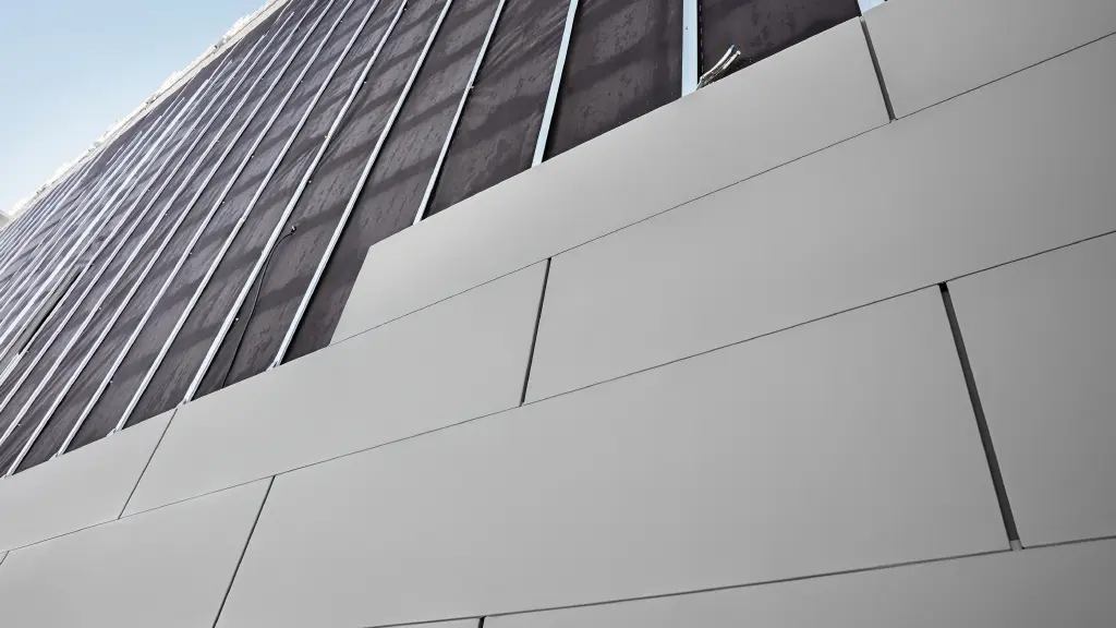 Aufnahme einer teilweise fertigen verlegten Fassade mit PREFA Sidings in der Baubreite 500. Das Bild wurde von unten aufgenommen. 
