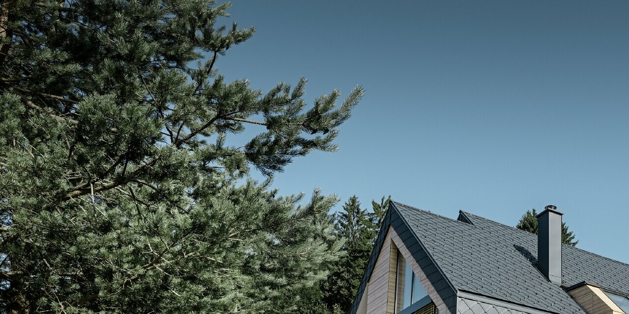 Maison individuelle au toit à deux versants sans saillie de toit — Façade à l’aspect du bois et toiture en aluminium PREFA de couleur anthracite