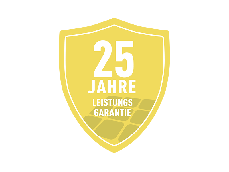 Logo de garantie jaune pour une garantie de puissance de 25 ans sur la tuile solaire PREFA