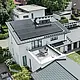 Vista a volo d'uccello dell'eccezionale paesaggio del tetto di una casa unifamiliare a Dortmund con scandola DS.19 PREFA e PREFALZ in P.10 antracite e un impianto fotovoltaico di grandi dimensioni.