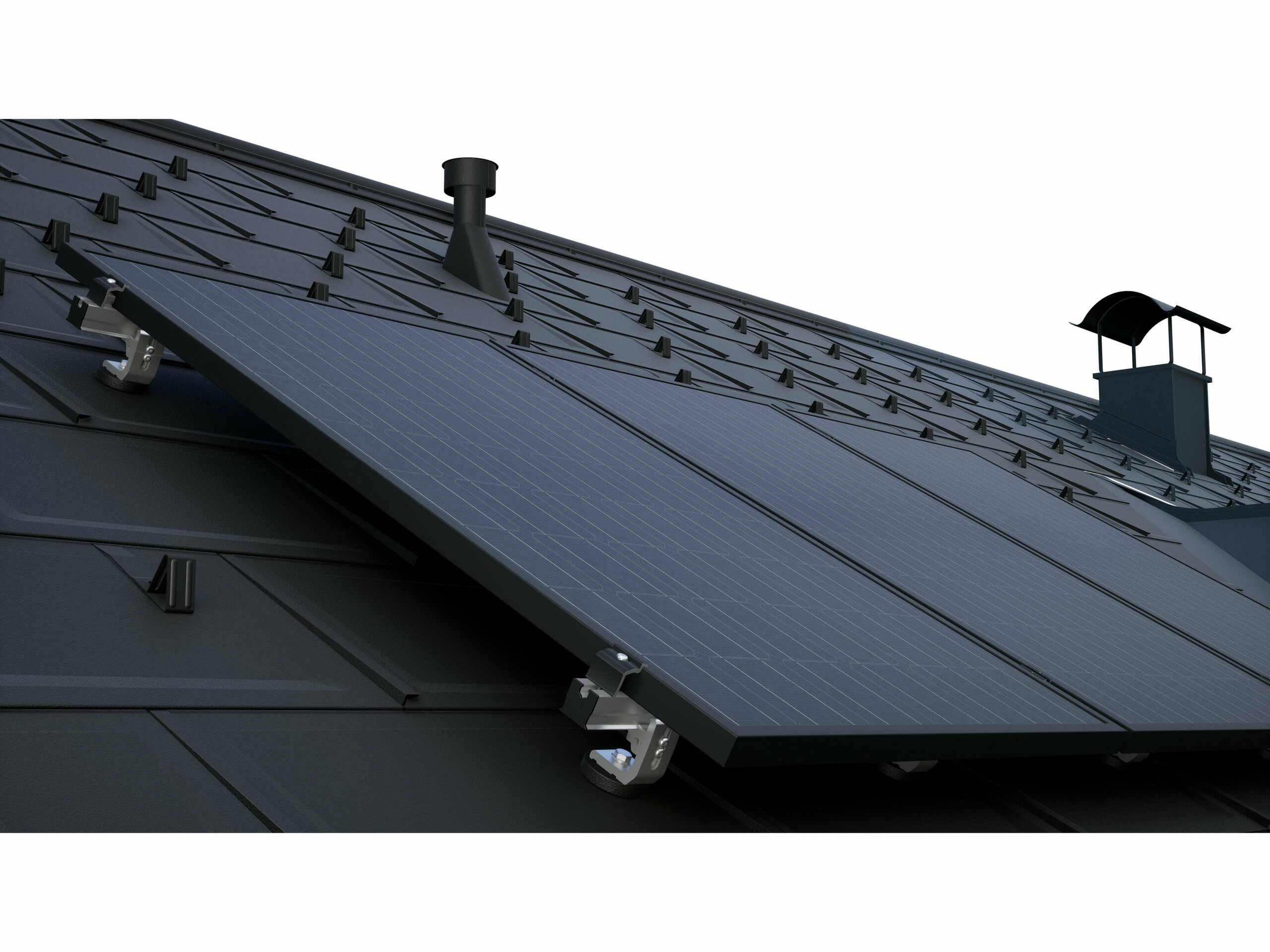 PV-Module montiert mit dem PREVARIO Solarmontagesystem auf einem dunklen PREFA Dach mit Dachplatten R.16.
