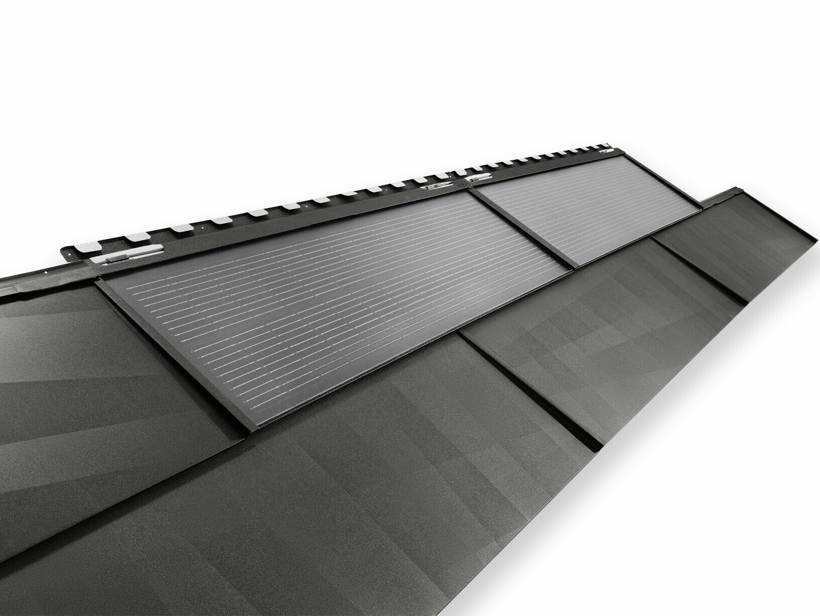PREFA Solardachplatte groß und PREFA Dachpaneel FX.12 in P.10 Schwarz