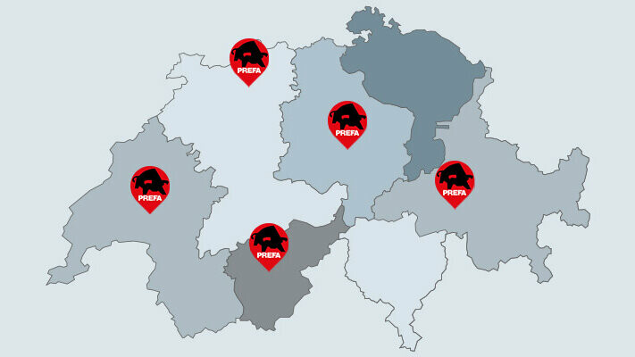 Schweizer Landkarte mit Pins und PREFA Logos auf grauem Hintergrund - finden Sie Ihren PREFA Verlegepartner!